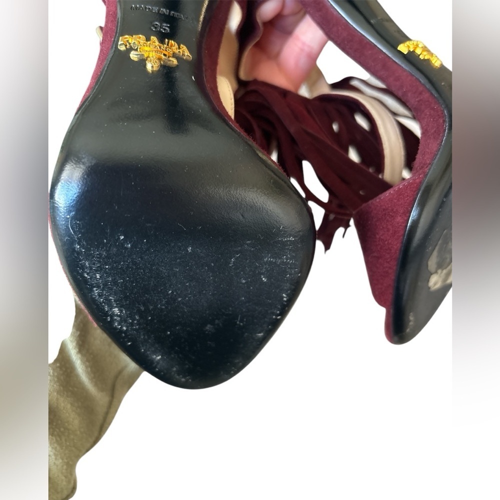 Prada Open Toe sandal heels Fringe Suede Ankle Strap burgundy Size EU 35 - Picture 9 of 12